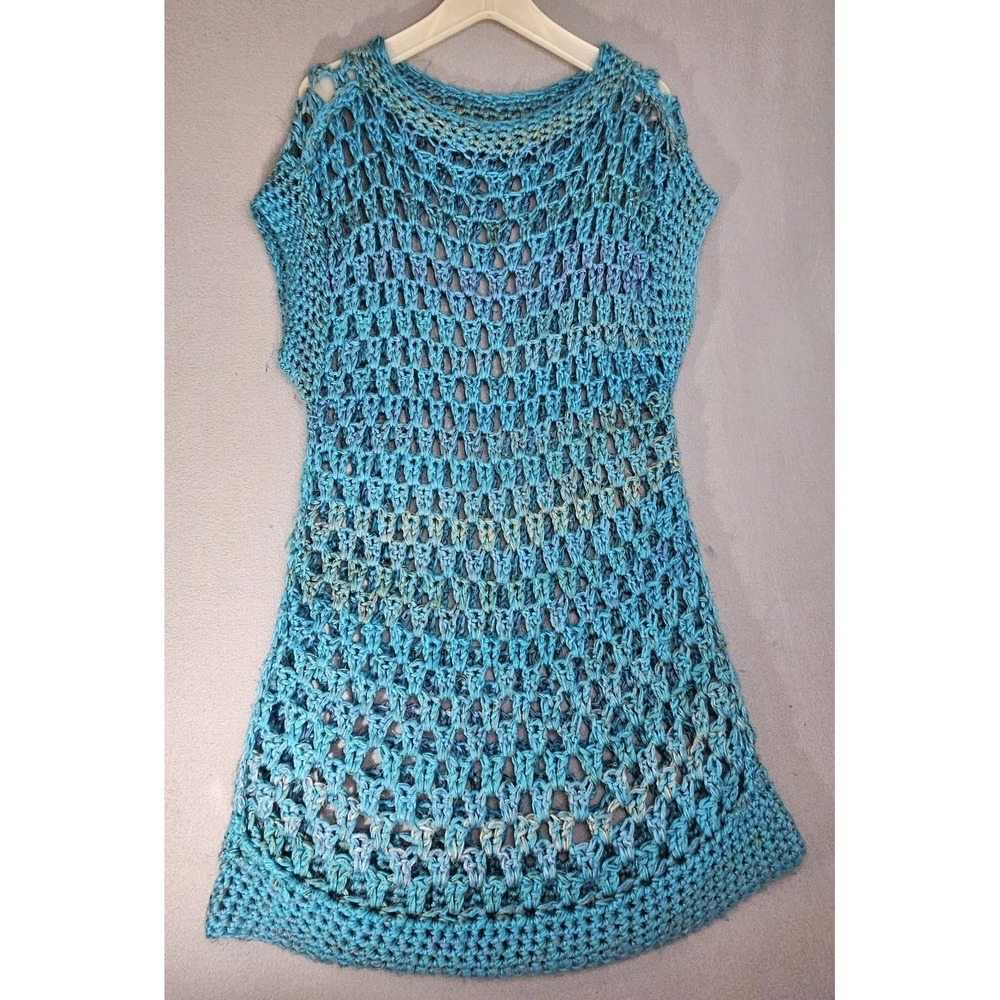 Handmade Verigated Large Open Stichwork  Crochet Long Shirt/dress Blue Green